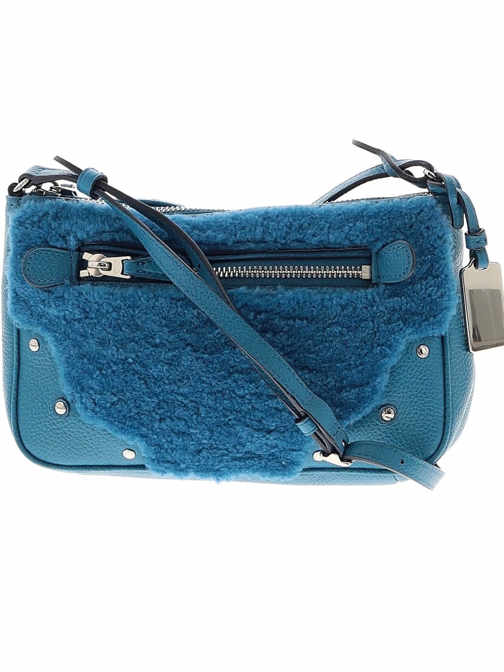 Coach blue shearling crossbody bag purse with metal hangtag